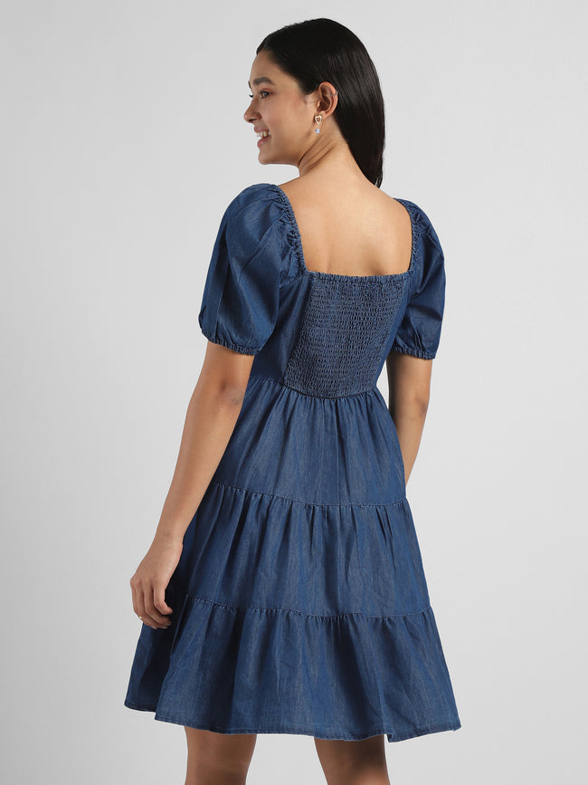 Women Blue Tier Denim Fit & Flare Dress
