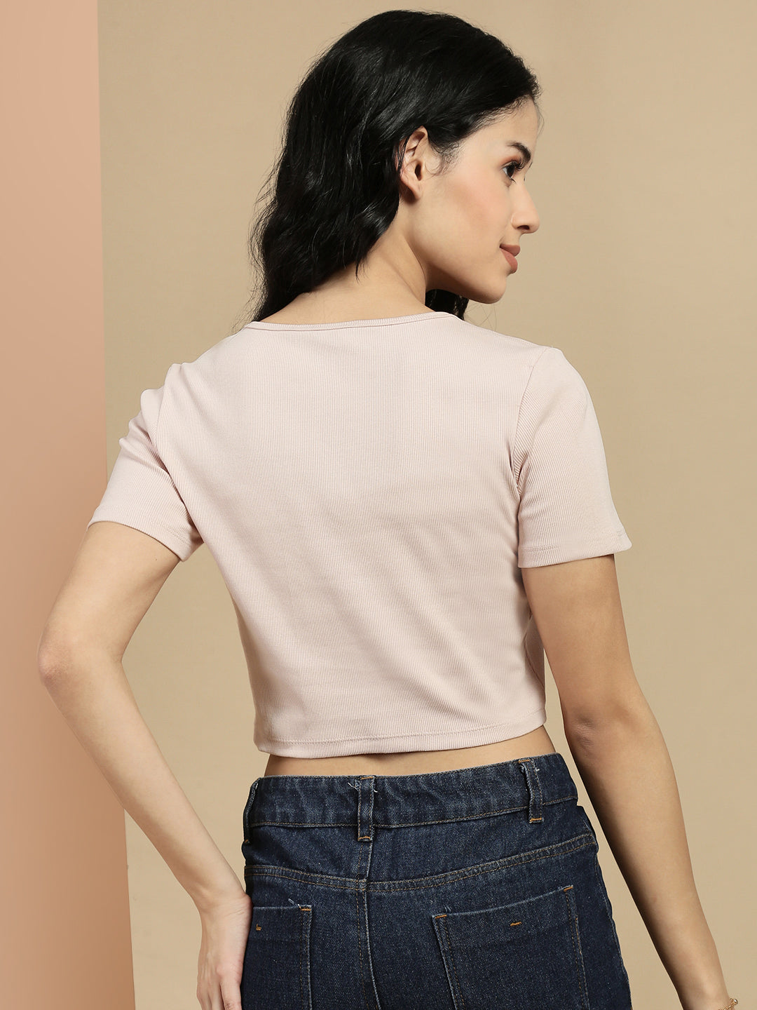 Women Pink Half Sleeve Crop Top