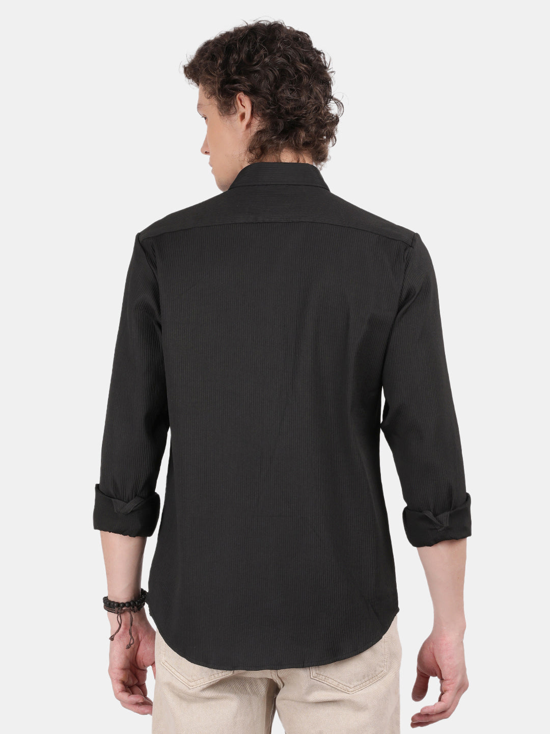 Men Black Slim Fit Spread Collar Full Sleeve Casual Shirt
