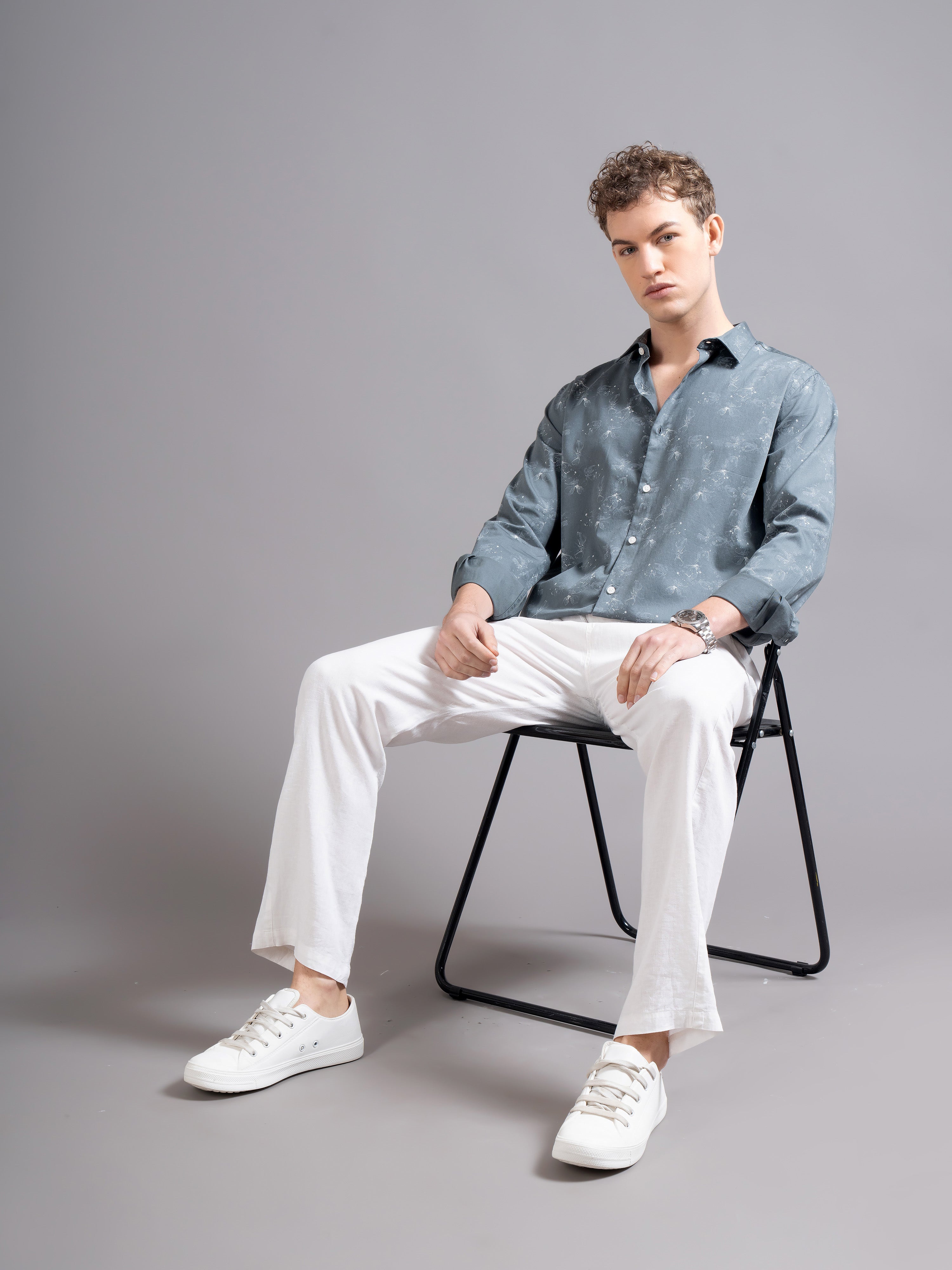 Men Grey Floral Print Shirt