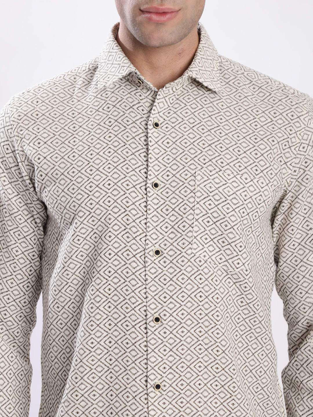 Men Beige Geometric Print Single Pocket Shirt