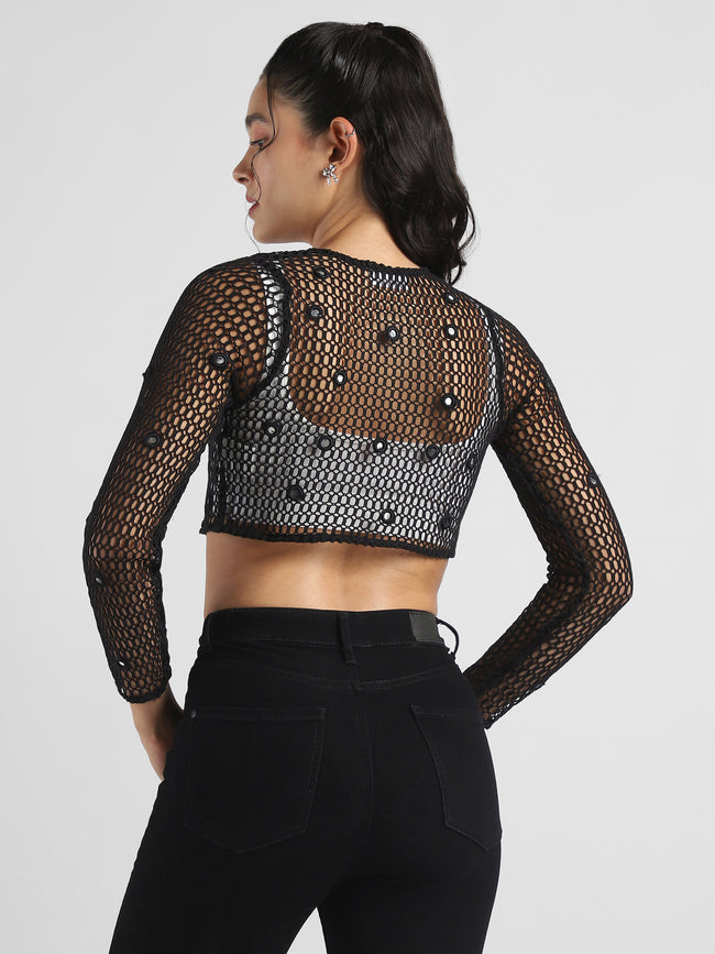 Women Black Crochet Embelished top