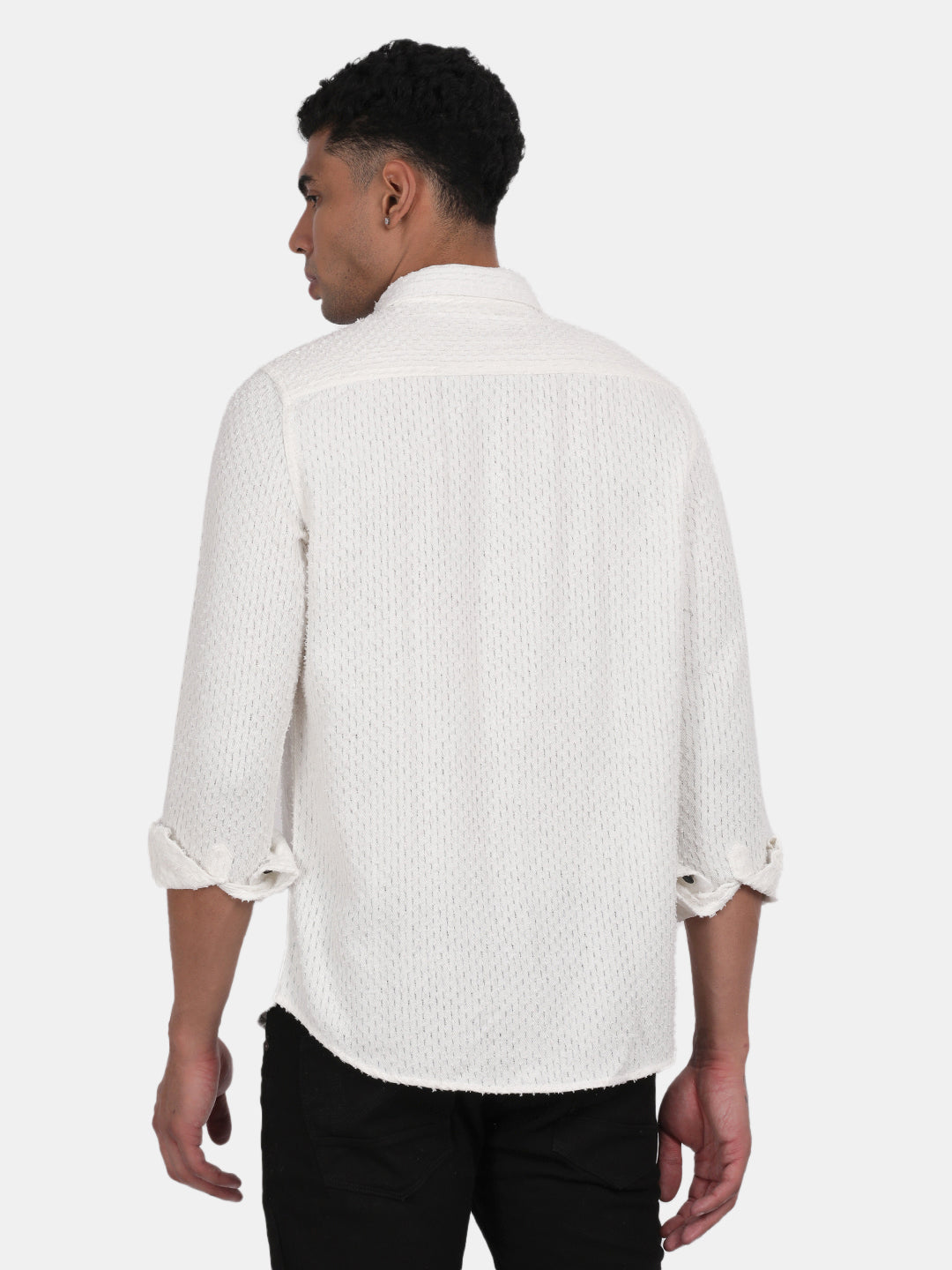 Men White Slim Fit Spread Collar Full Sleeve Casual Shirt