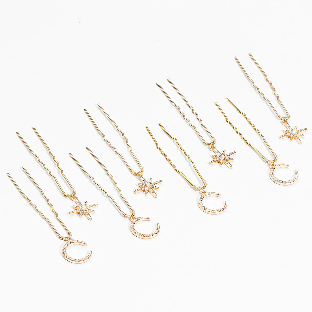 Celestia Golden Star & Moon Hair Pins - Set of 8