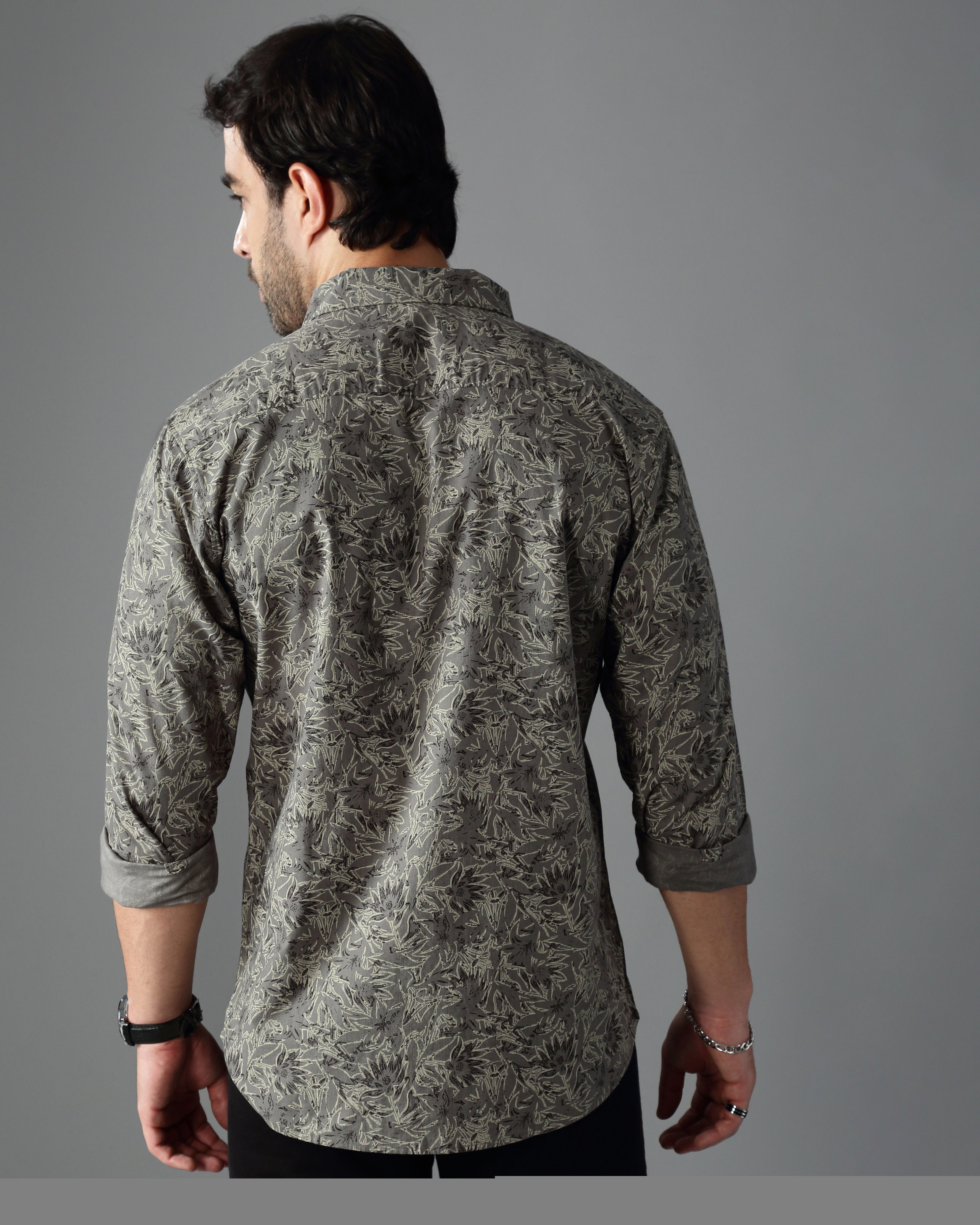Men Grey Cotton Slim Shirt