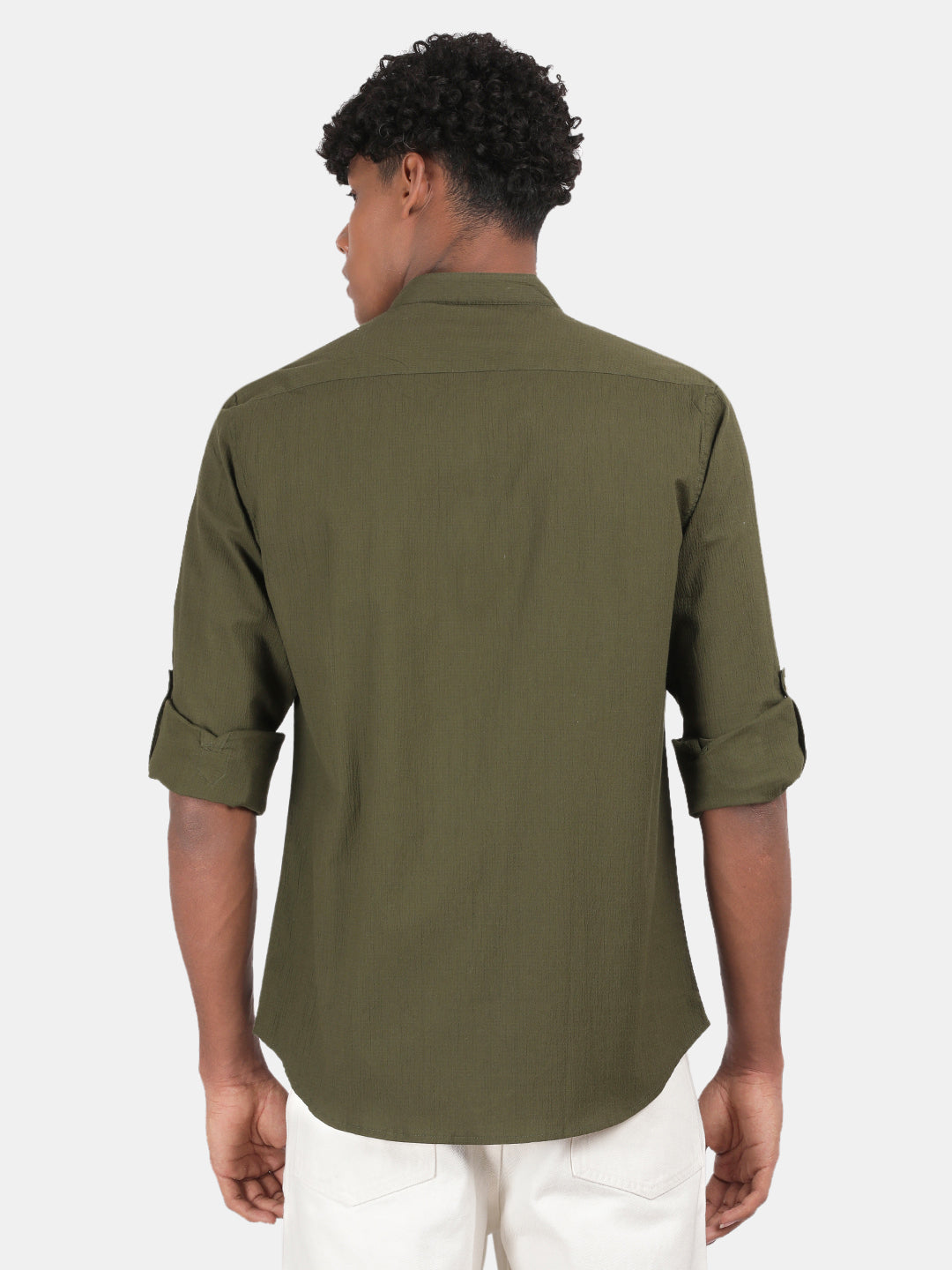 Men Olive Slim Fit Mandarin Collar Full Sleeve Casual Shirt