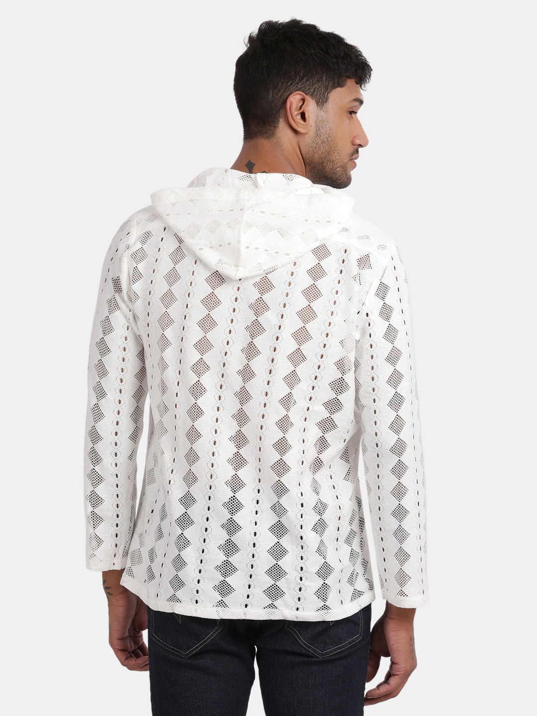 Men White Regular Fit Spread Collar Full Sleeve Hoodie