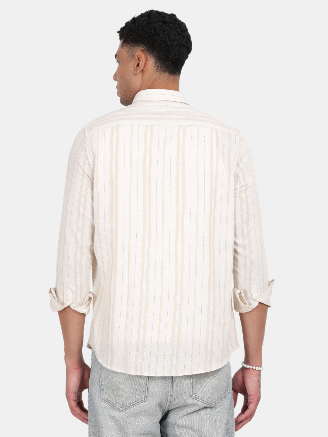 Men Cream Slim Fit Spread Collar Full Sleeve Casual Shirt