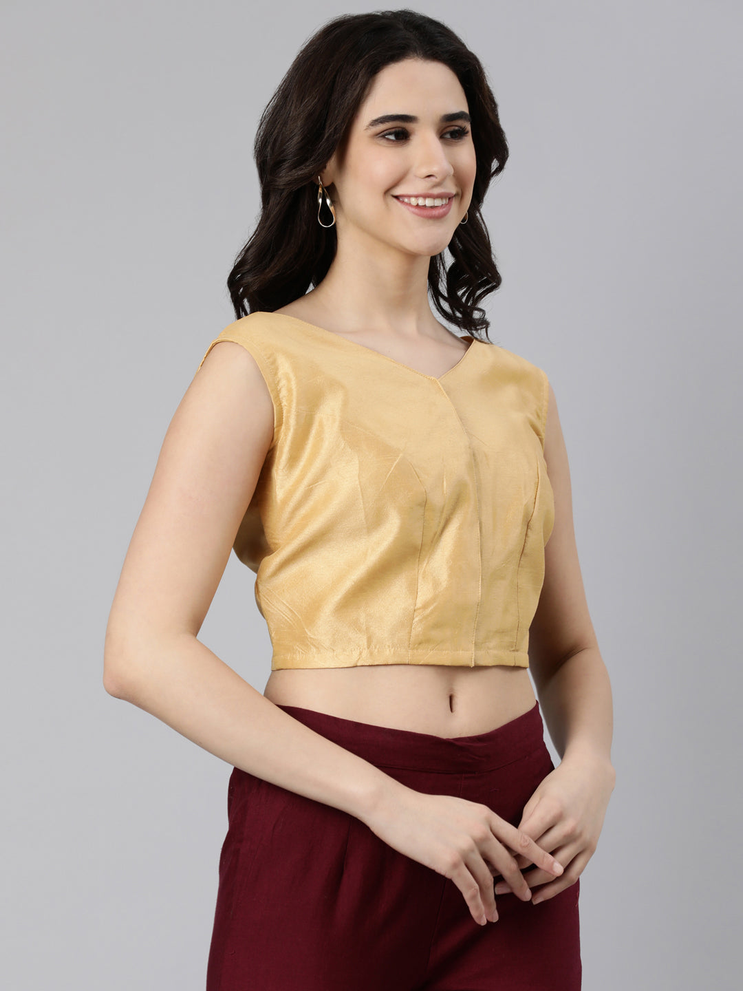 Beige Solid Sleeveless V-Neck Dupion Silk Knot Blouse