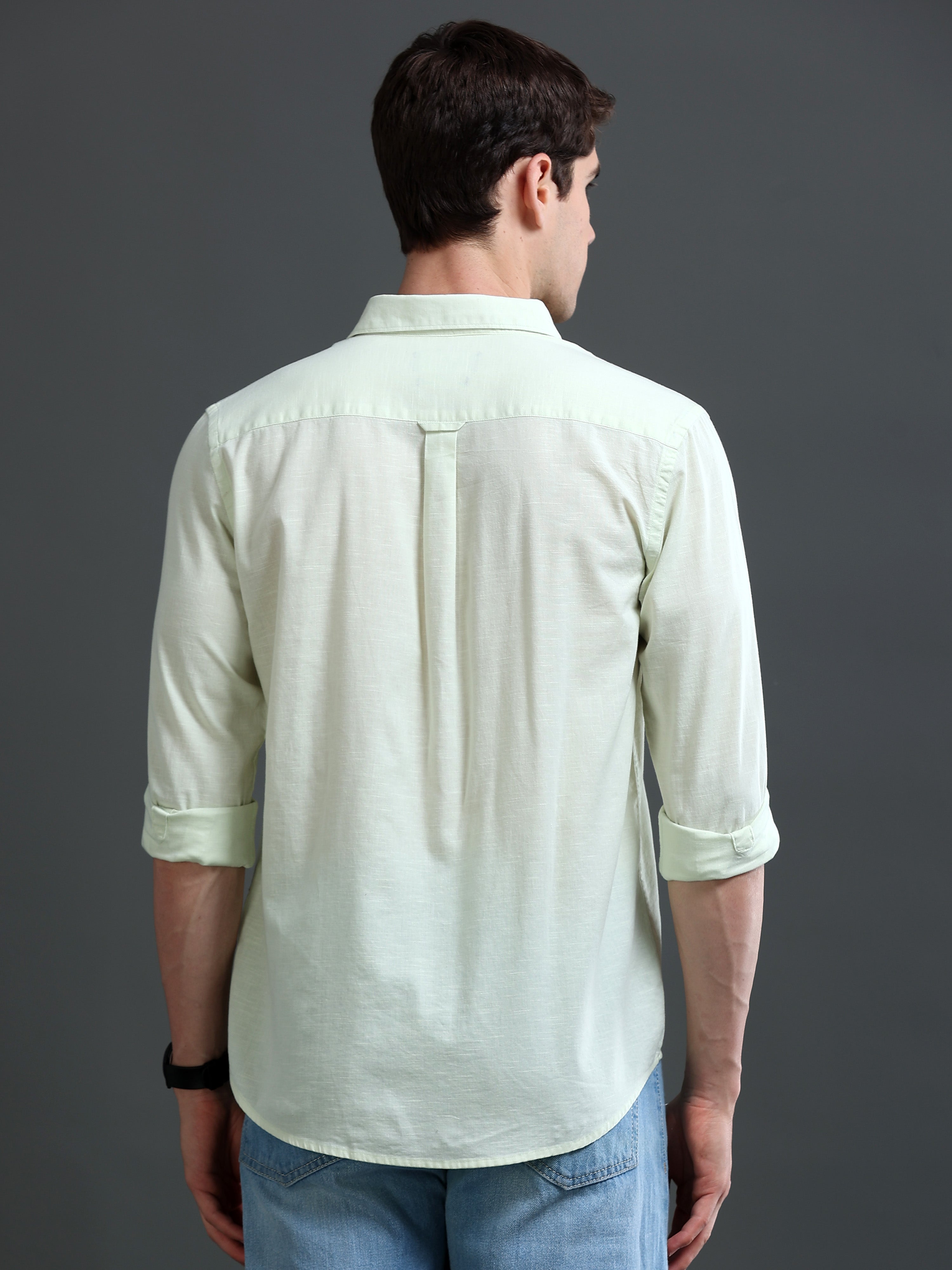 Men Green Slub Solid Shirt