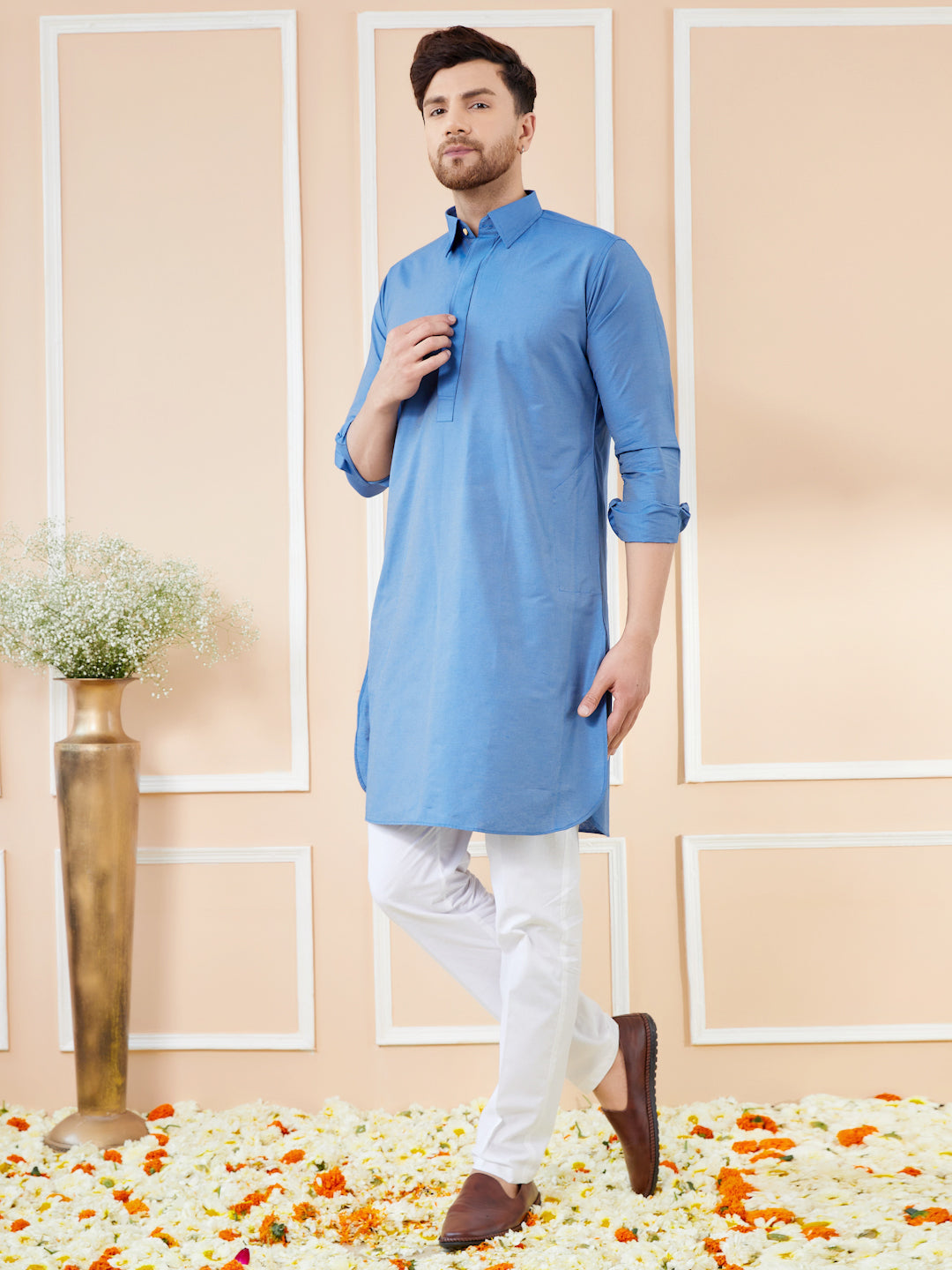 Men Blue Cotton Solid Pathani Kurta