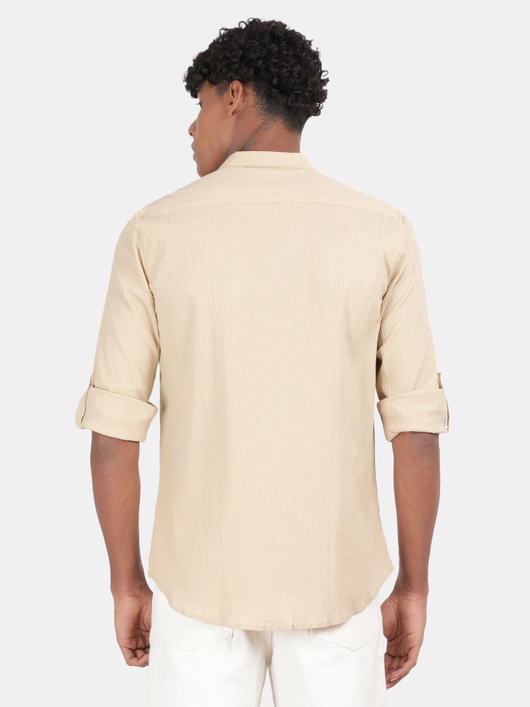 Men Cream Slim Fit Mandarin Collar Full Sleeve Casual Shirt