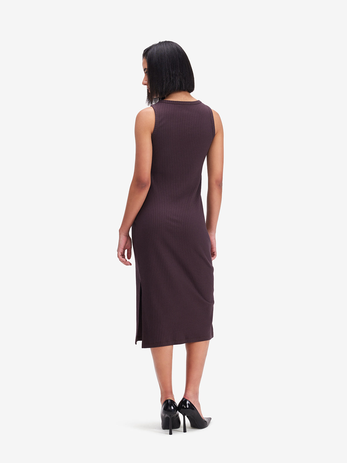 Women Brown Ribbed Side Slit Midi Dress