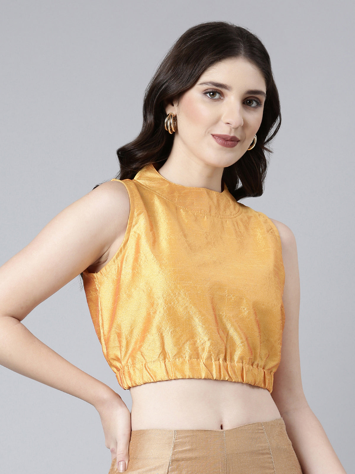 Mustard Solid Three-Quarter Sleeves Mandarin Collar Dupion Silk Knot Blouse