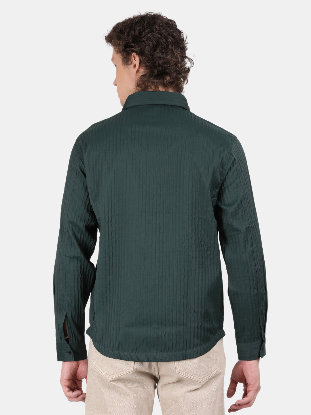Men Dark Green Slim Fit Spread Collar Full Sleeve Casual Shirt