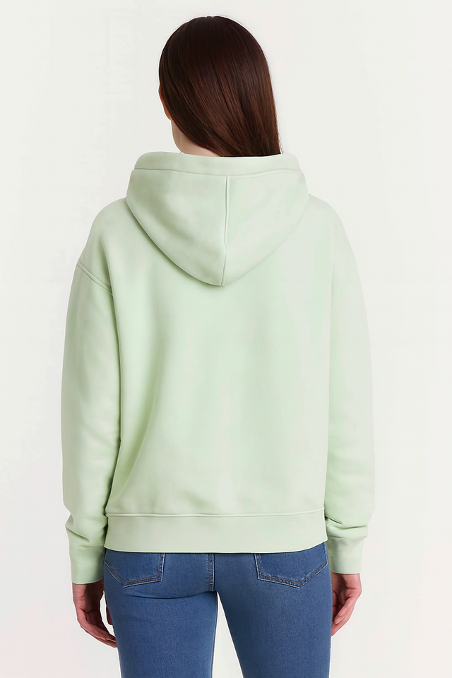 Women Green Solid Cotton Pullover Hoodie