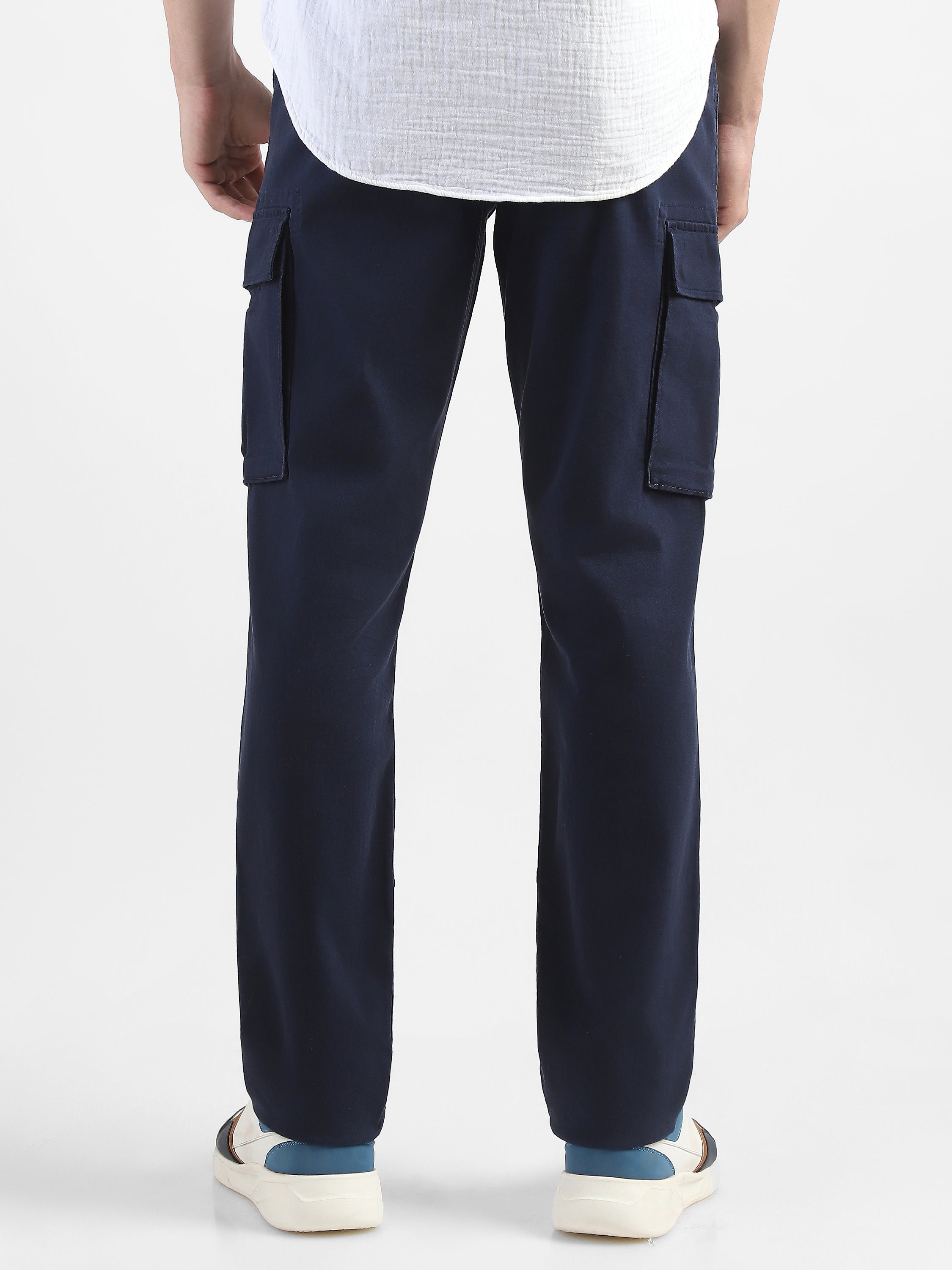 Men Navy Cotton Mid Rise Cargo Pants