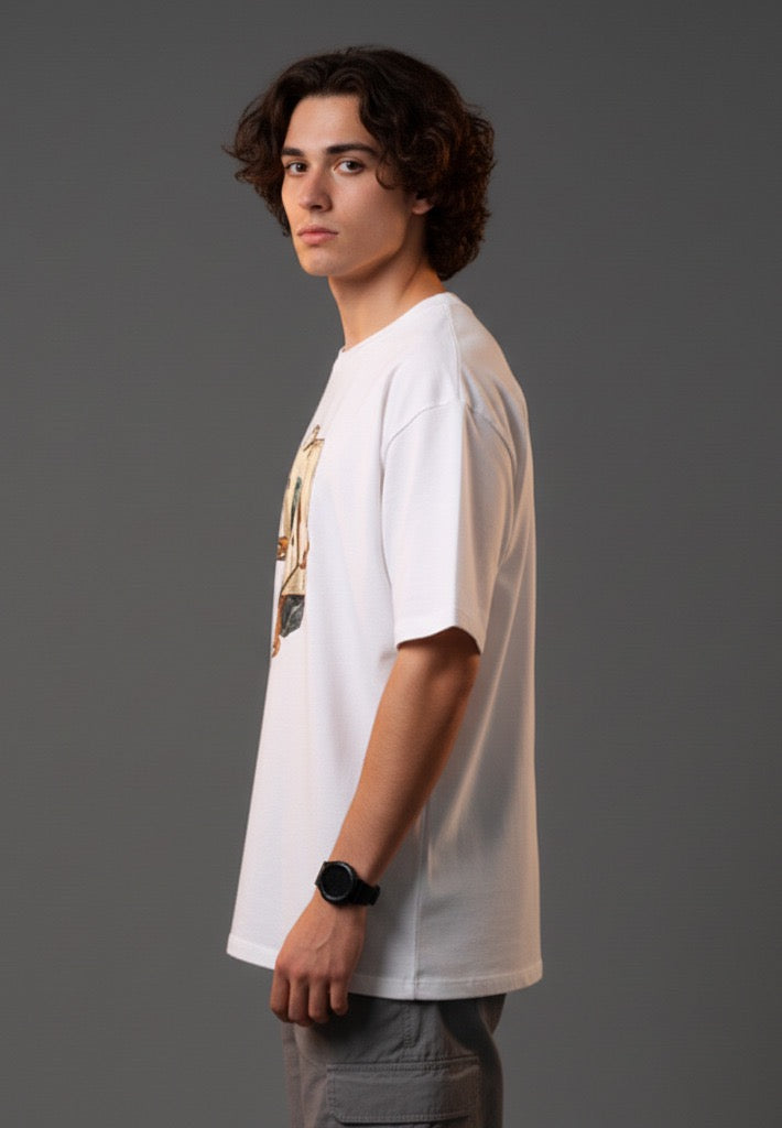 Men White Graphic Cotton Oversized T-Shirt