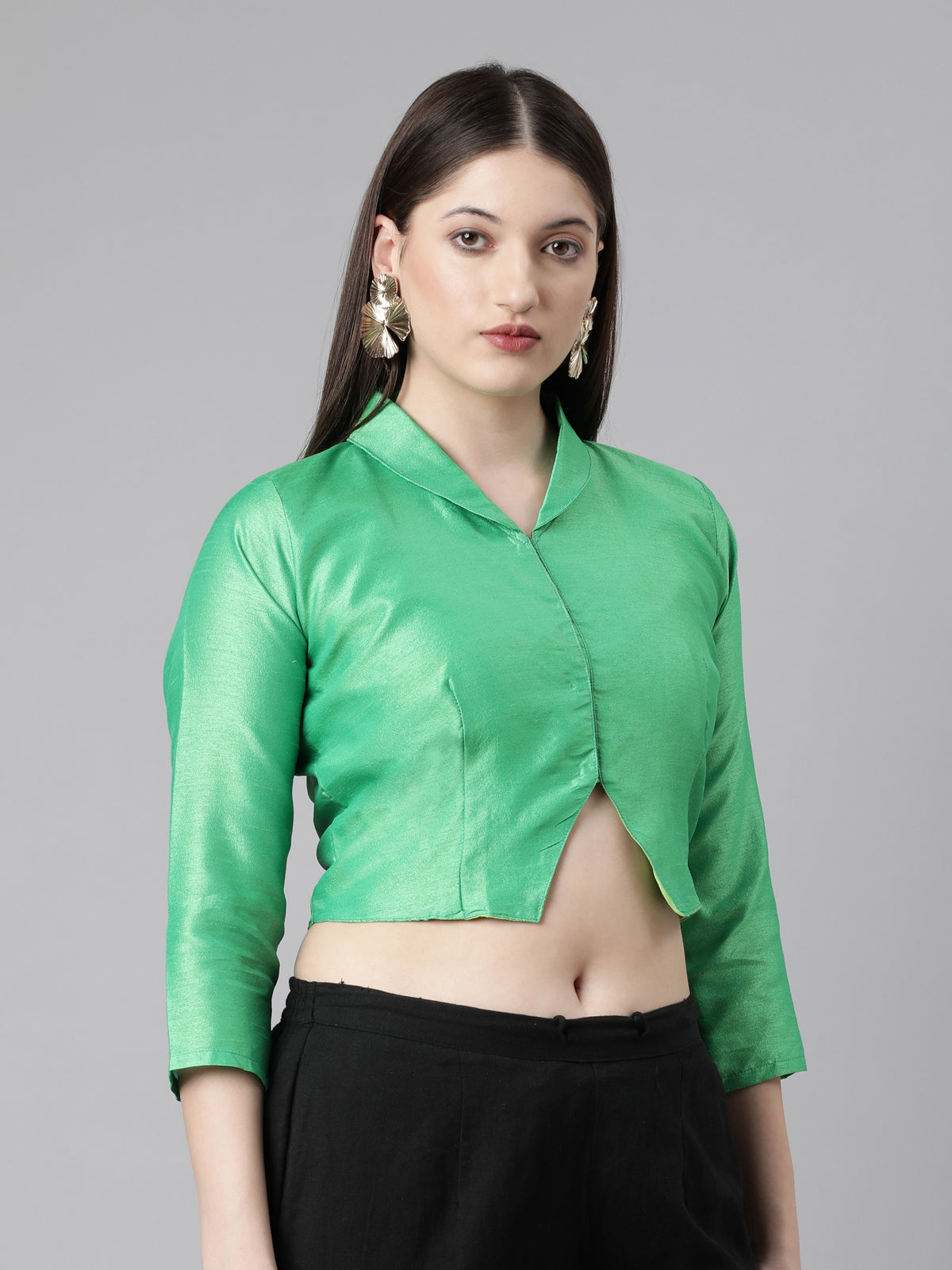 Green Solid Three-Quarter Sleeves Mandarin Collar Dupion Silk Knot Blouse
