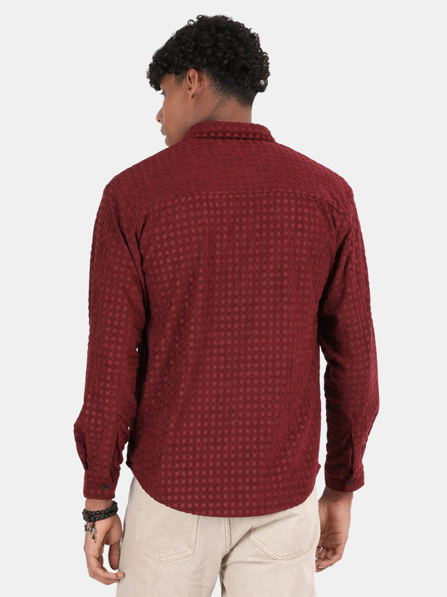 Men Maroon Slim Fit Spread Collar Full Sleeve Casual Shirt