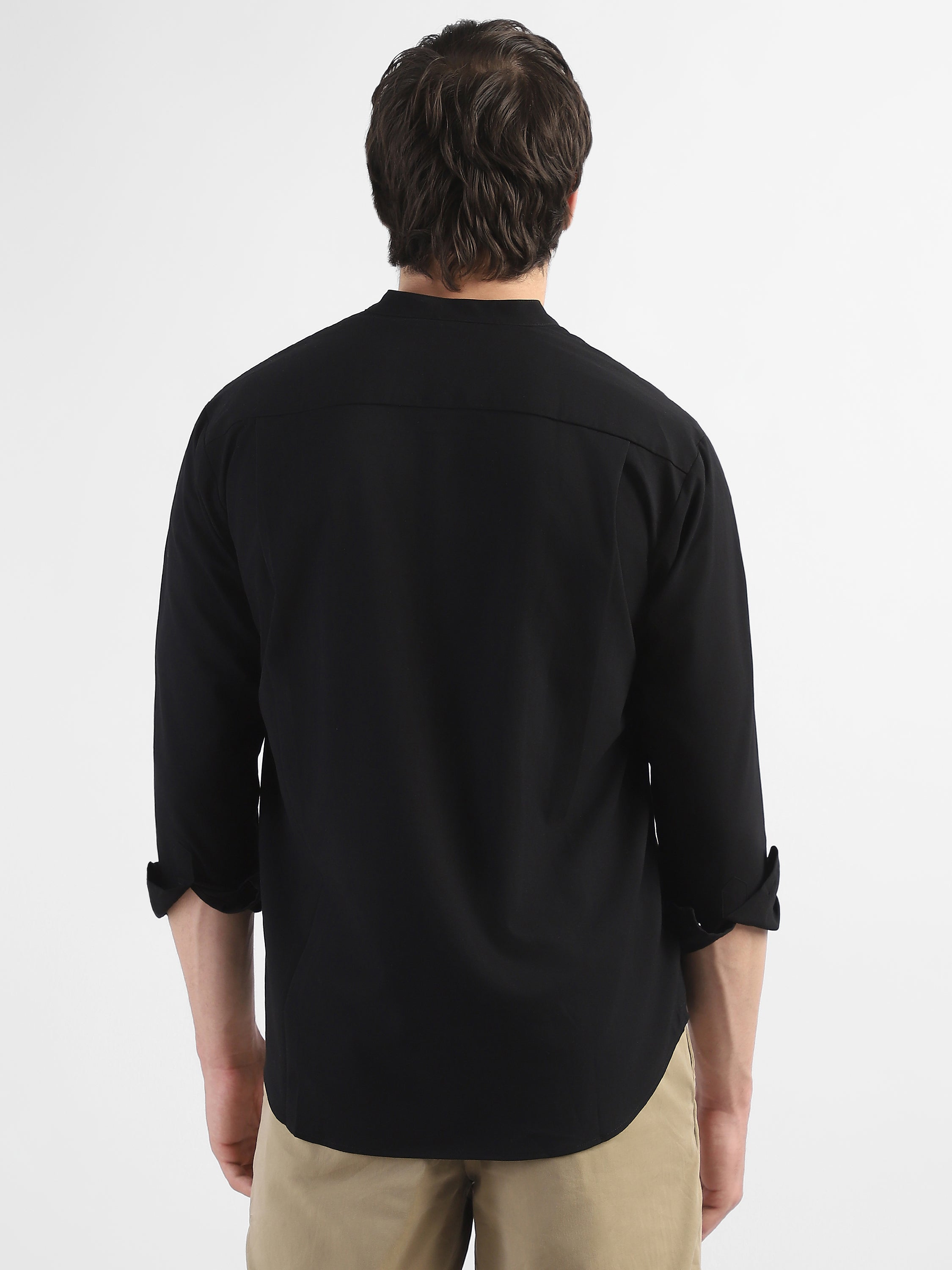 Men Black Mandarin Collar Regular Fit Shirt