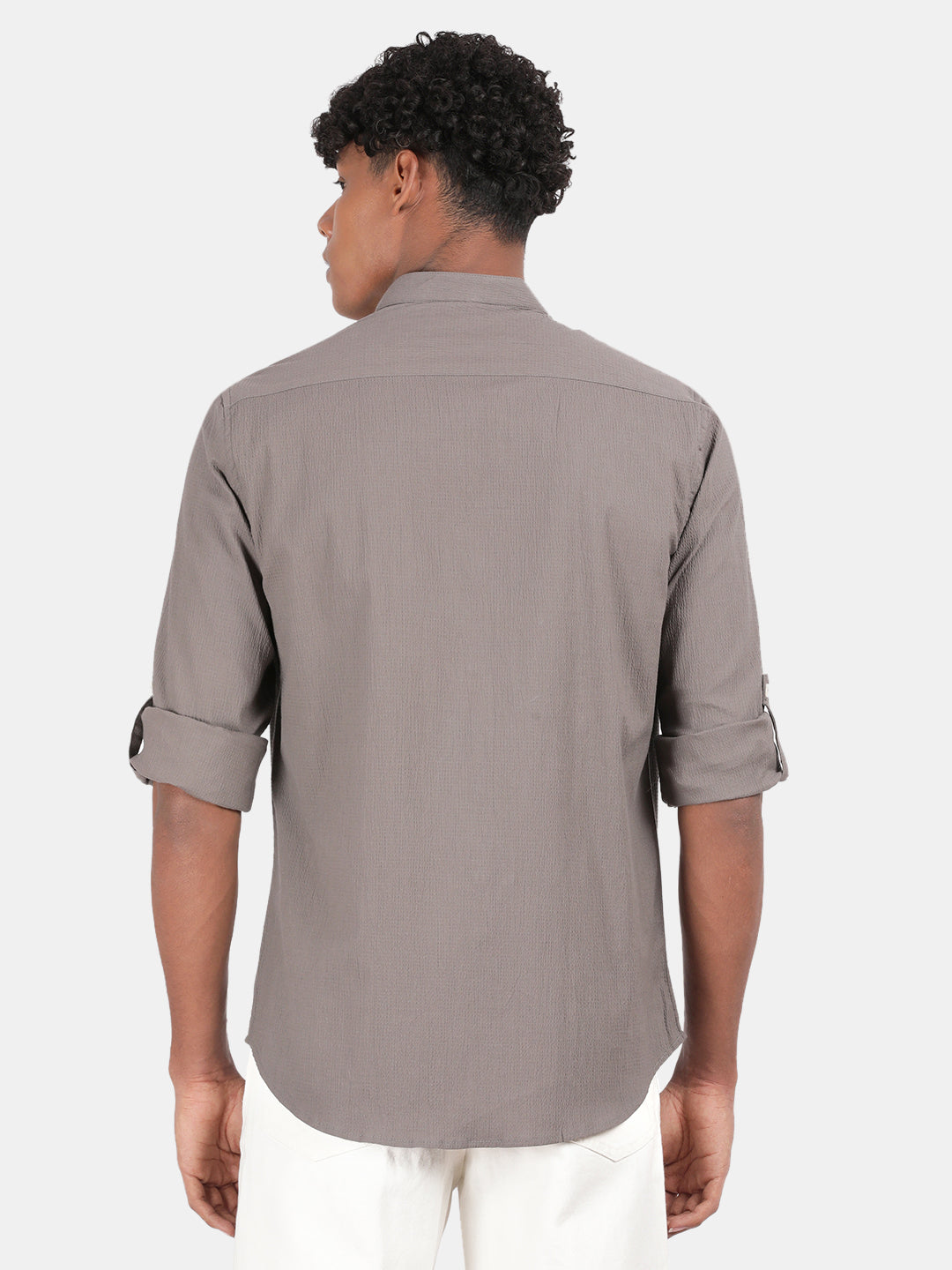 Men Dark Grey Slim Fit Mandarin Collar Full Sleeve Casual Shirt