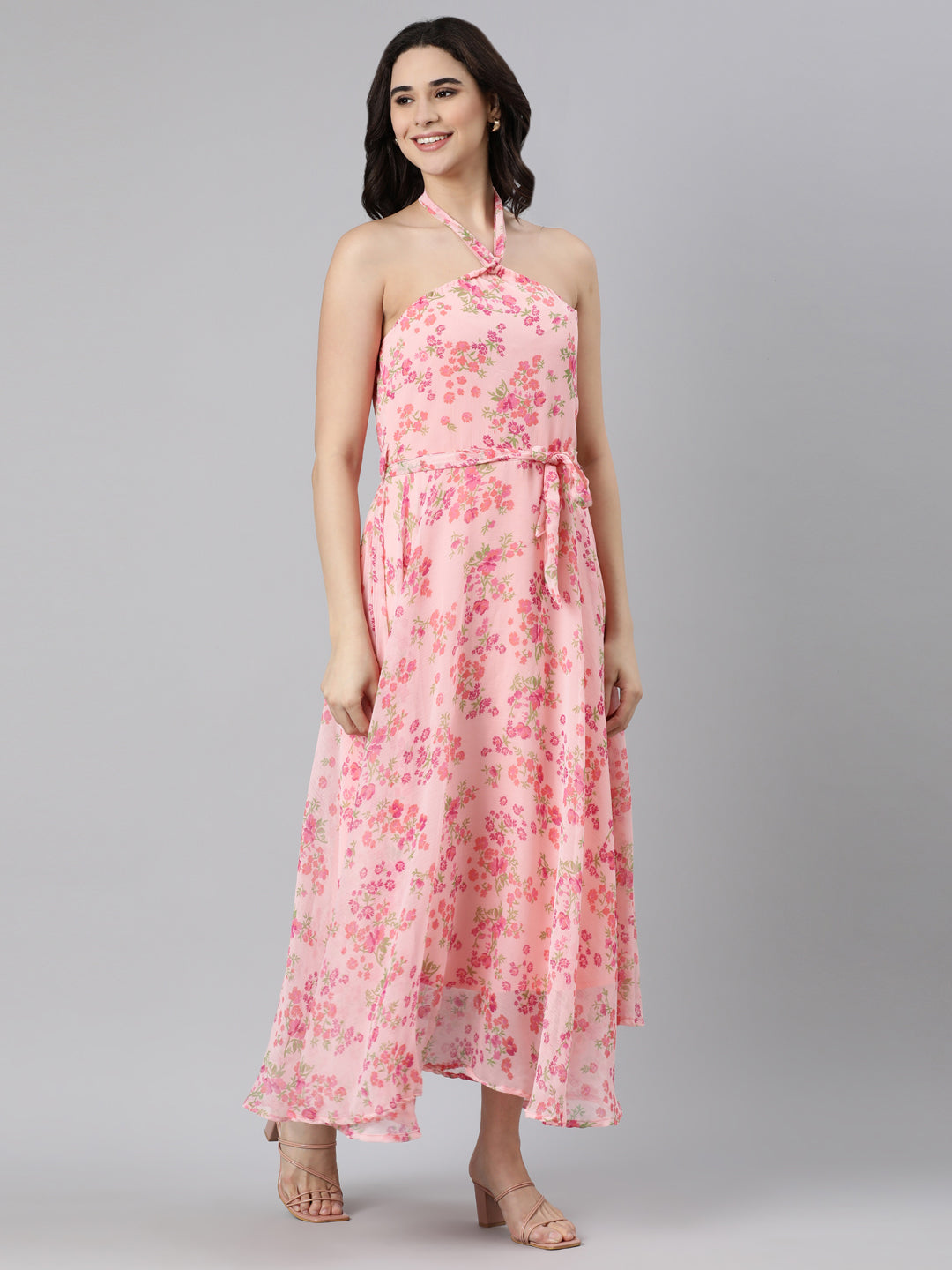 Women Pink Floral Chiffon Dress