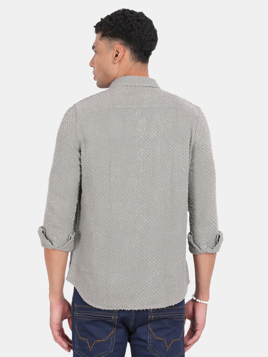 Men Grey Slim Fit Spread Collar Full Sleeve Casual Shirt