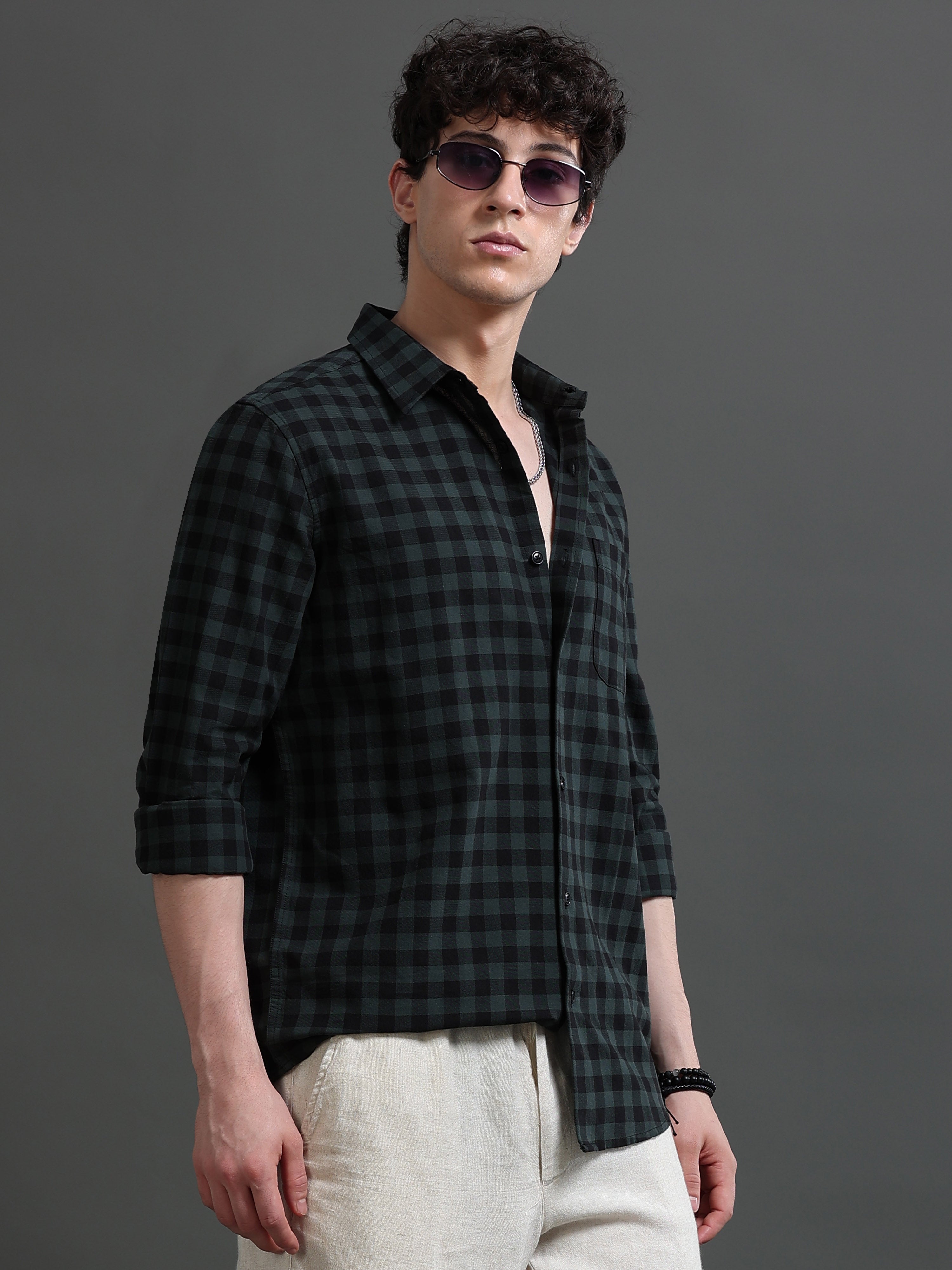 Men Green Check Shirt