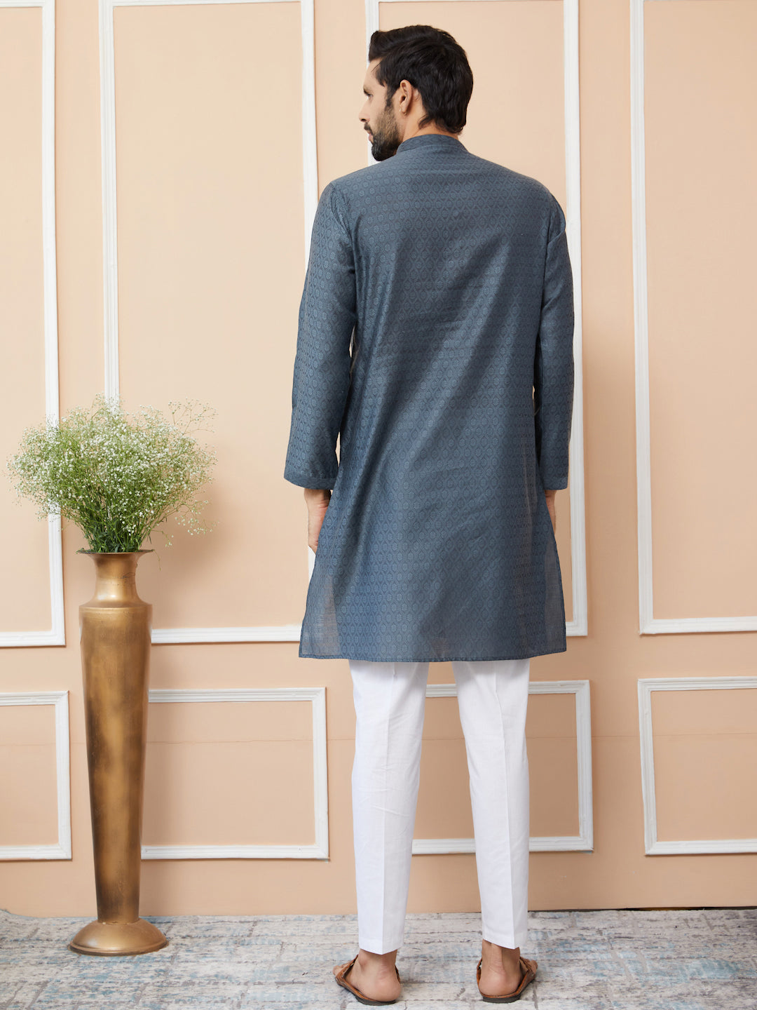 Men Charcoal Ethnic Motifs Silk Jacquard Straight Kurta