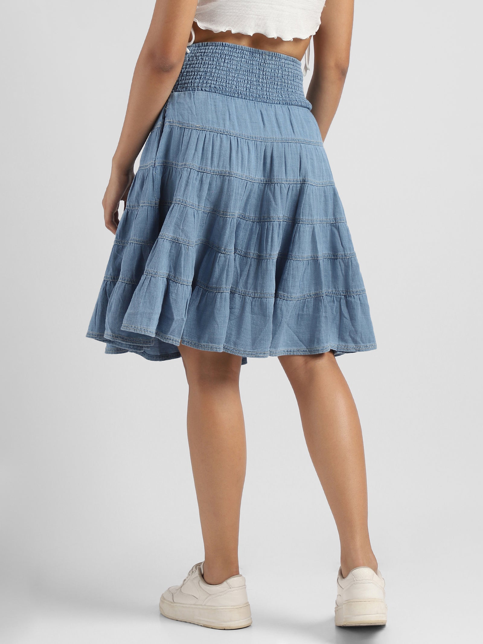 Women Blue Tier Denim Skirt with Smocked Waist