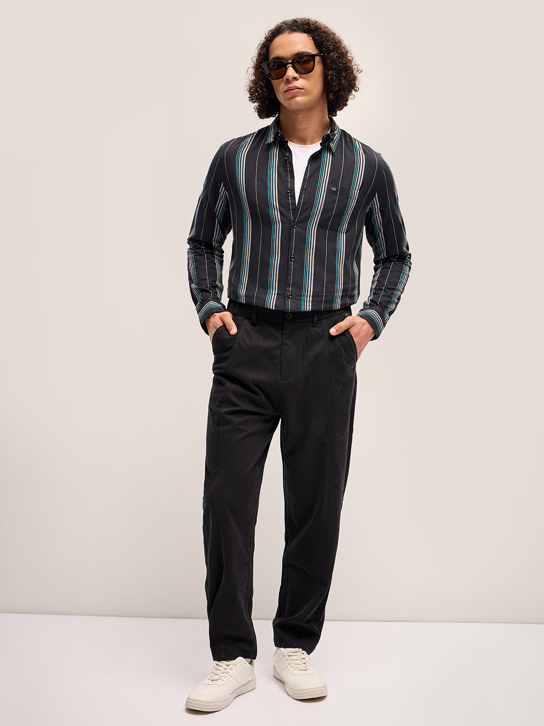 Men Black Stripe Slim Fit Casual Shirt