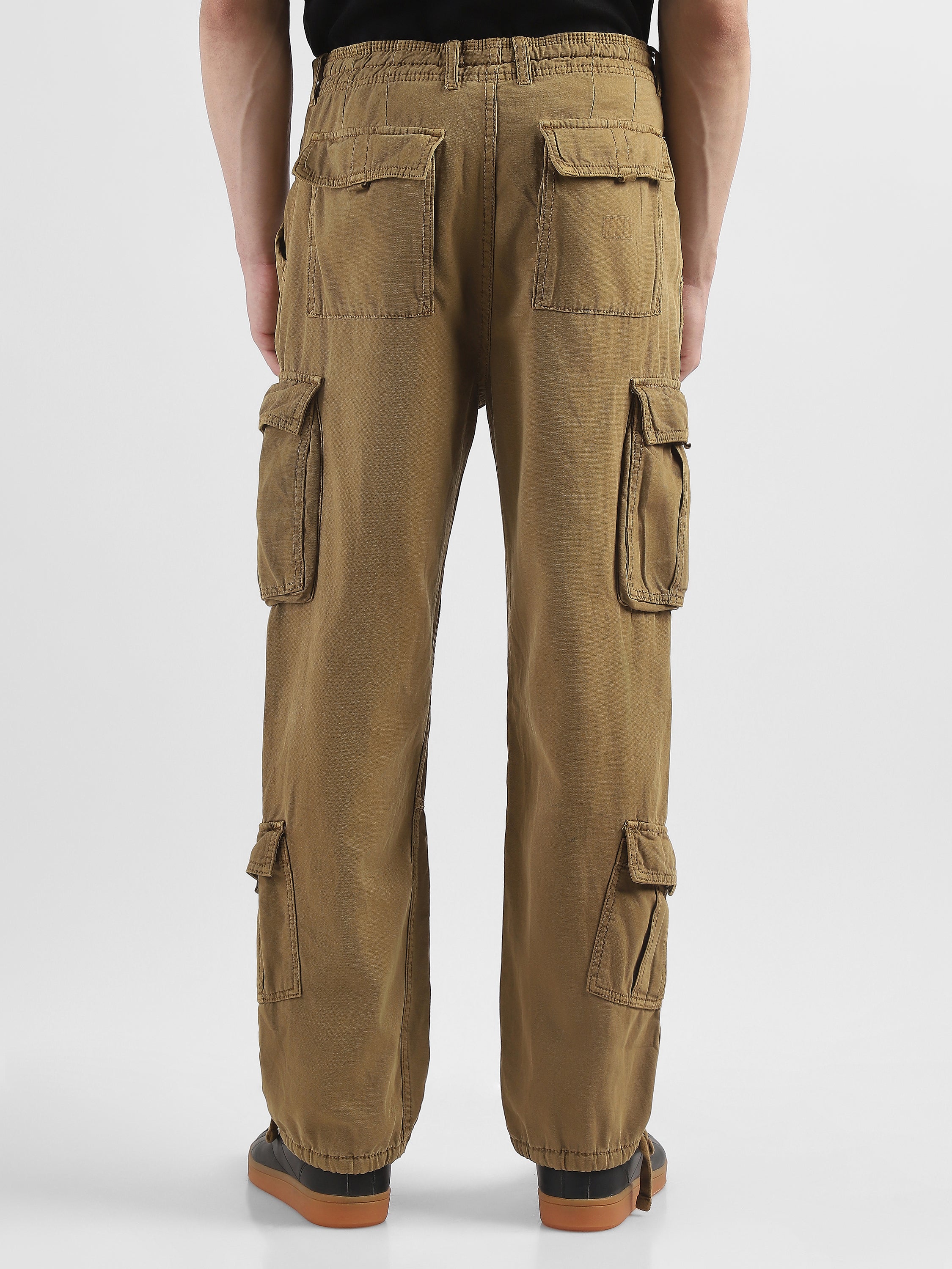 Men Khaki Cotton Blend Cargo Pants with 8 Pockets