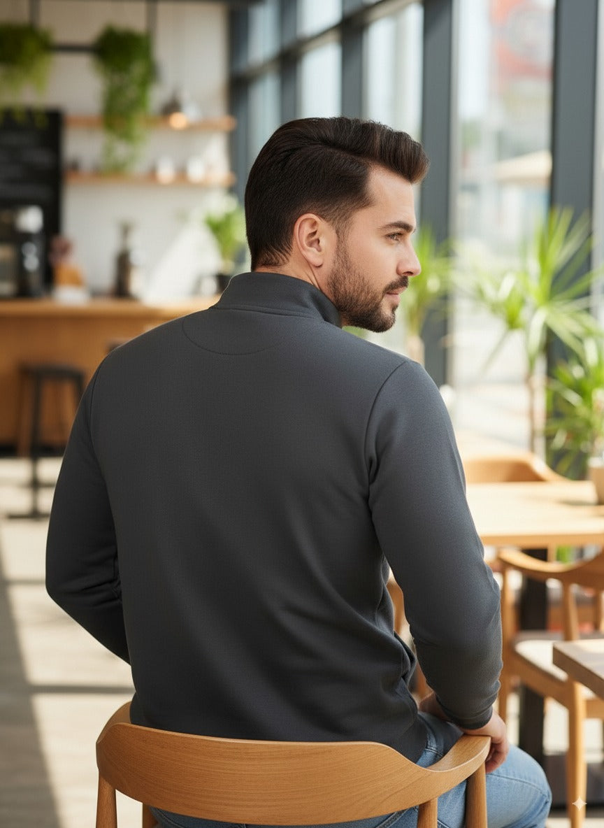 Men Grey Zip-Up Fleece Sweatshirt