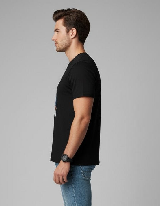Men Printed Black Cotton Tshirt
