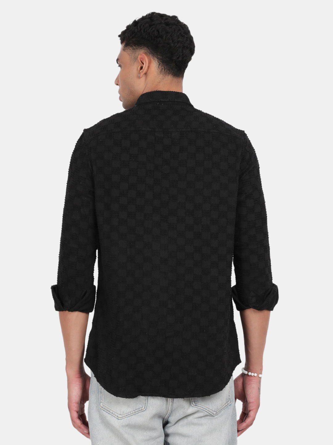 Men Black Slim Fit Spread Collar Full Sleeve Casual Shirt
