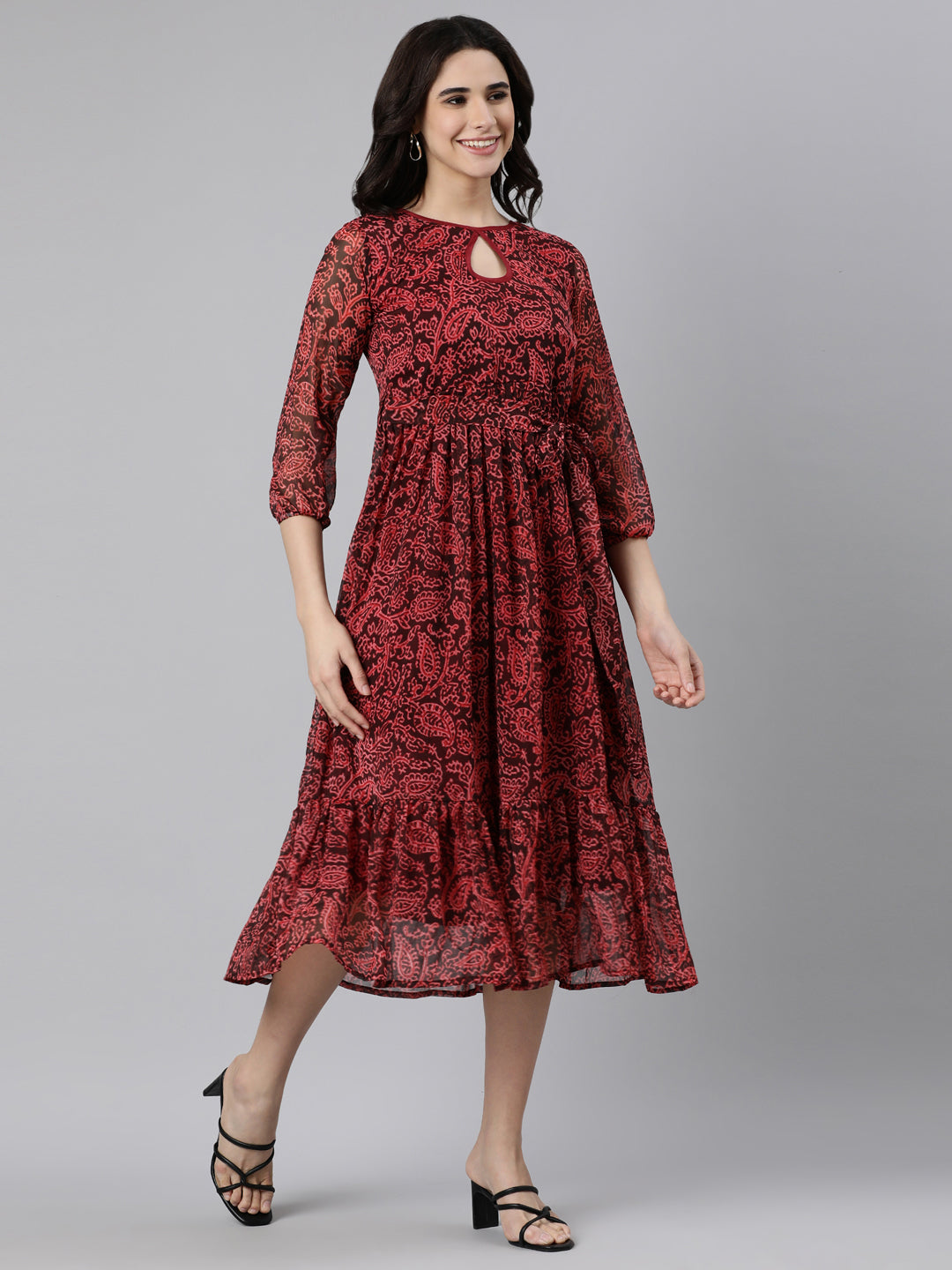 Women Maroon Floral Chiffon Dress