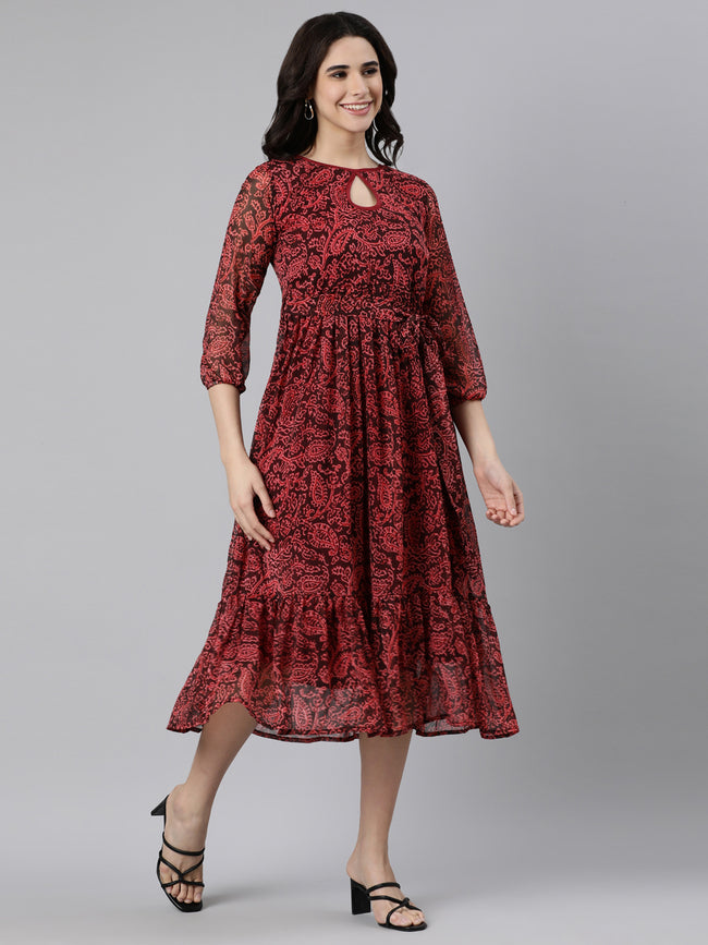 Women Maroon Floral Chiffon Dress