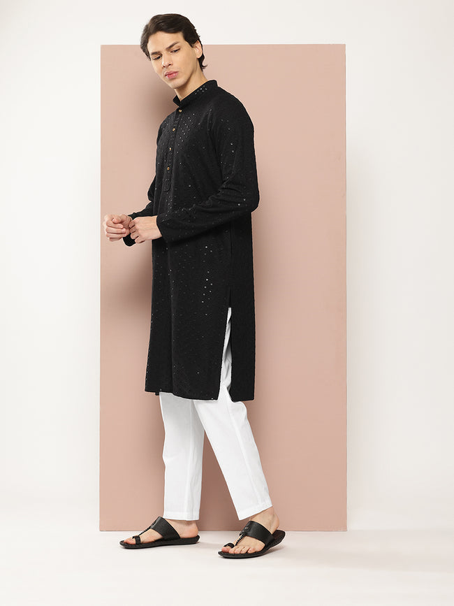 Men Black Embroidered Sequined Rayon Kurta