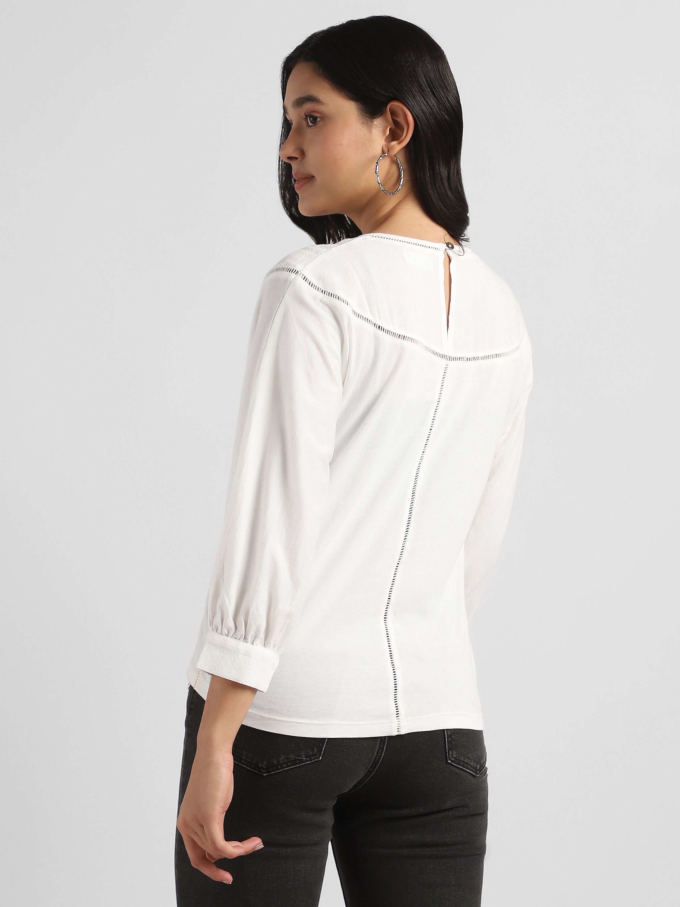 Women White Elegant Top with Balloon Sleeves and Lace Inserts