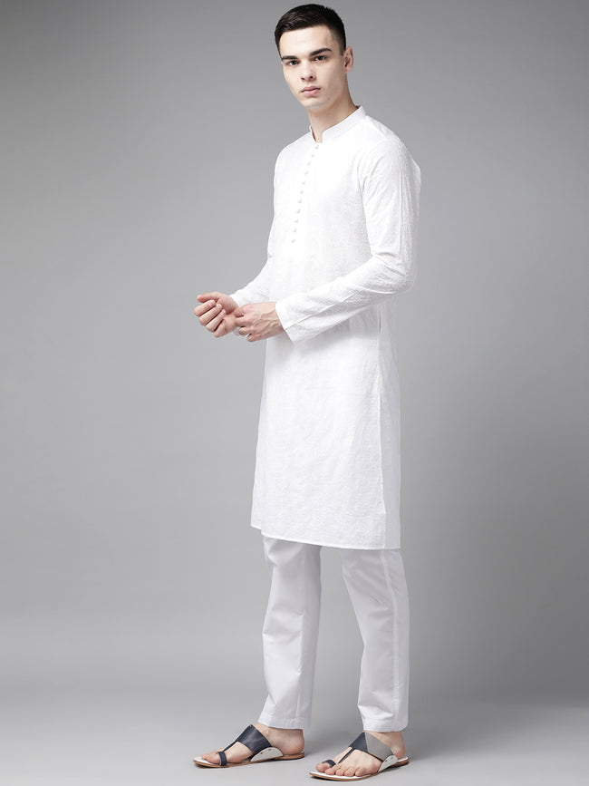 Men White Pure Cotton Chikankari Embroidered Straight Kurta