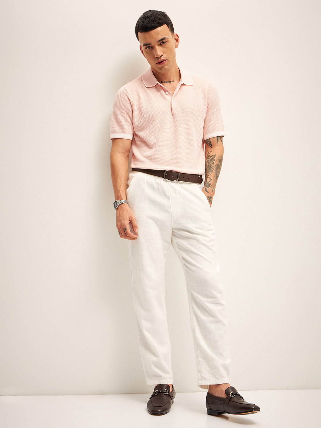 Men Peach Self Design Regular Fit Polo T-Shirt