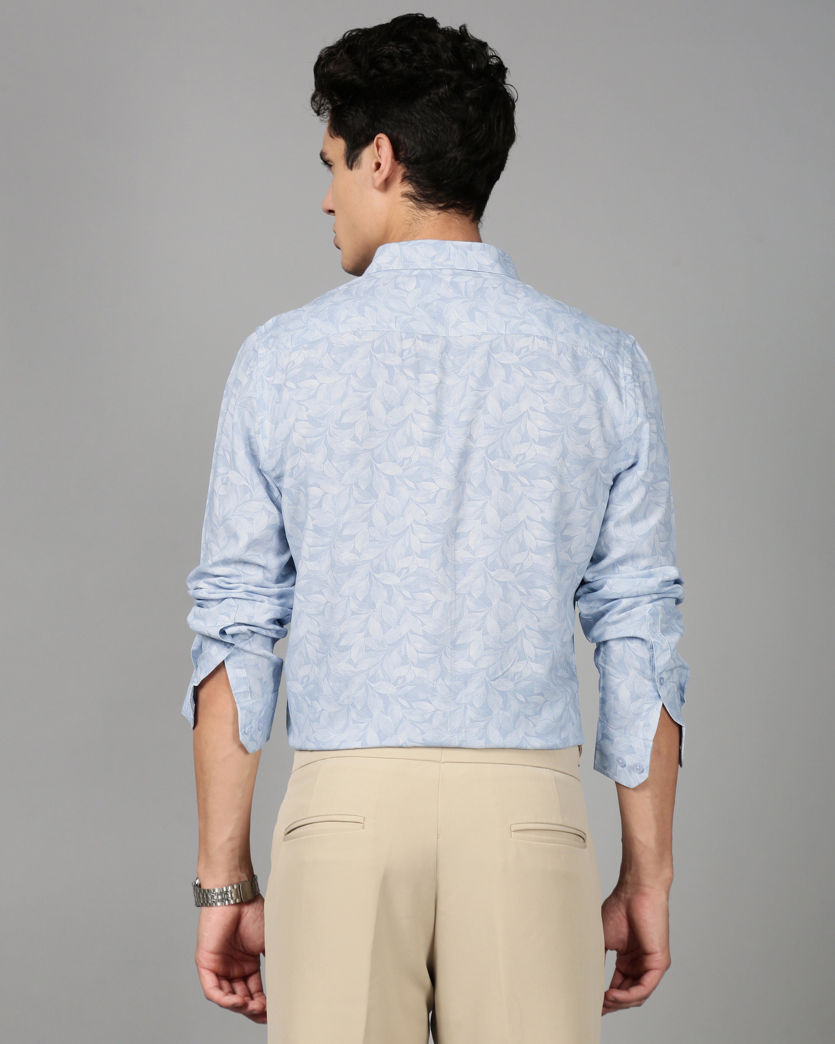 Men Blue Leaf Print Shirt