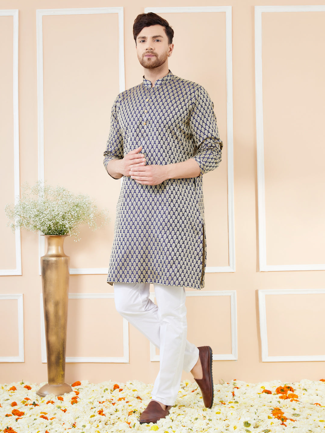 Men Navy Blue Silk Jacquard Woven Design Kurta