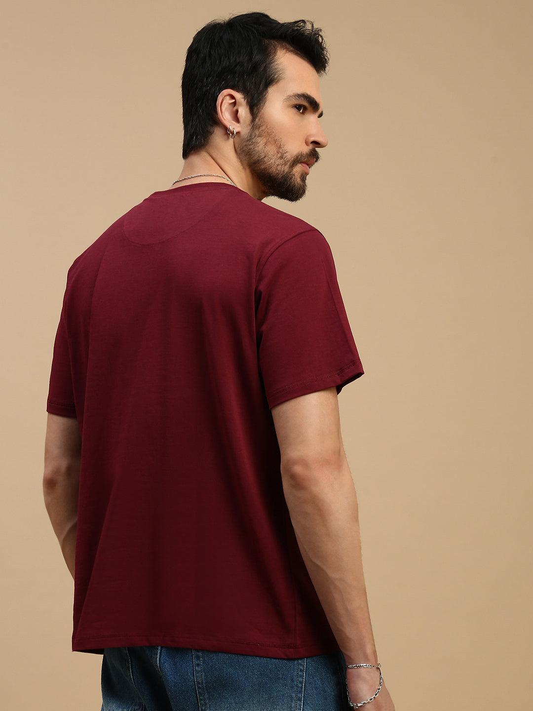 Men Burgundy V Neck T-Shirt
