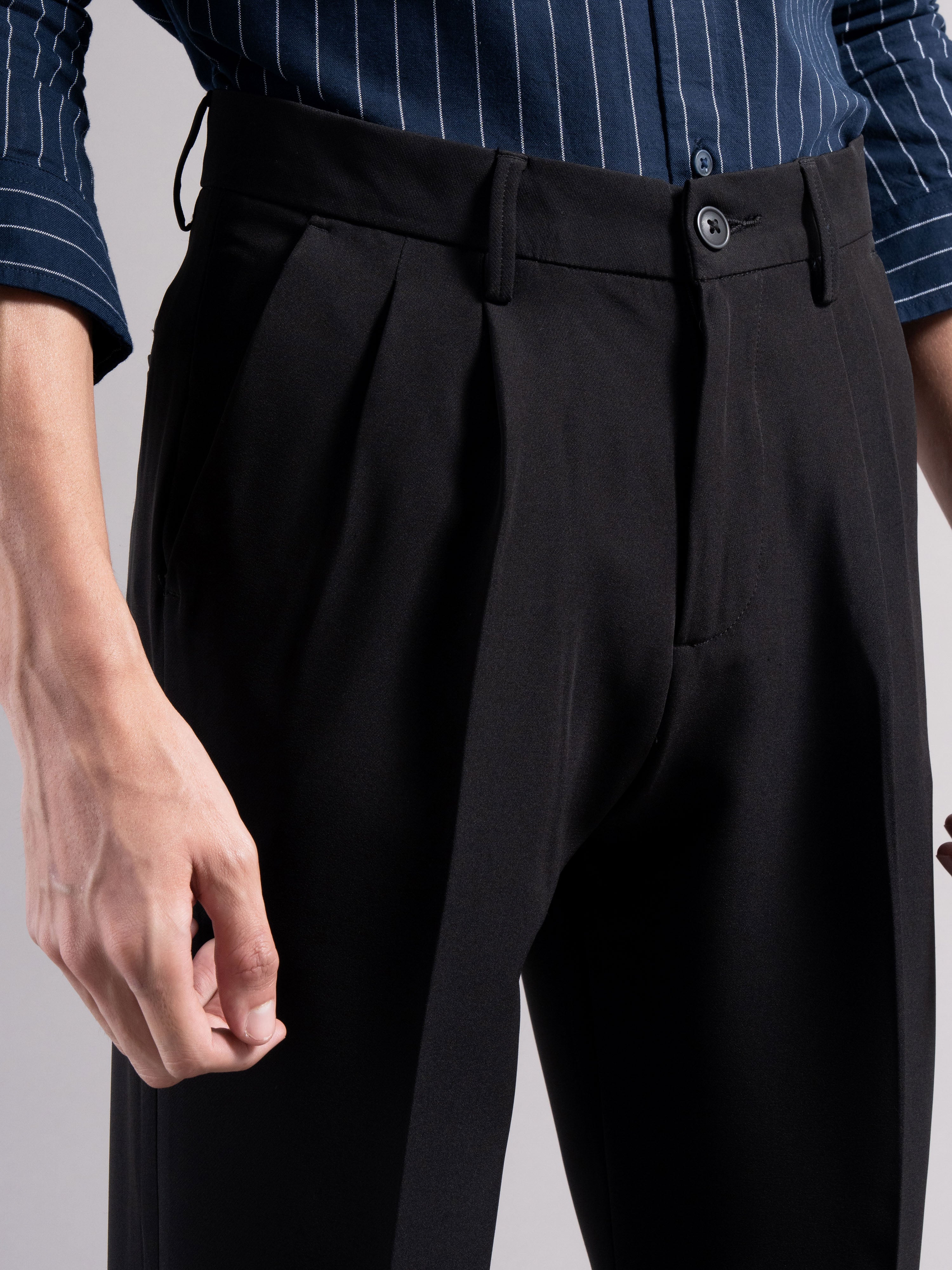 Men Black Pleated Chinos Trousers