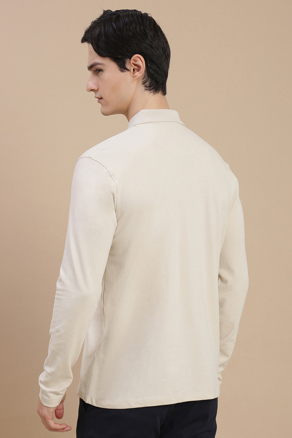 Men Beige Bonded Zipper Polo T-Shirt