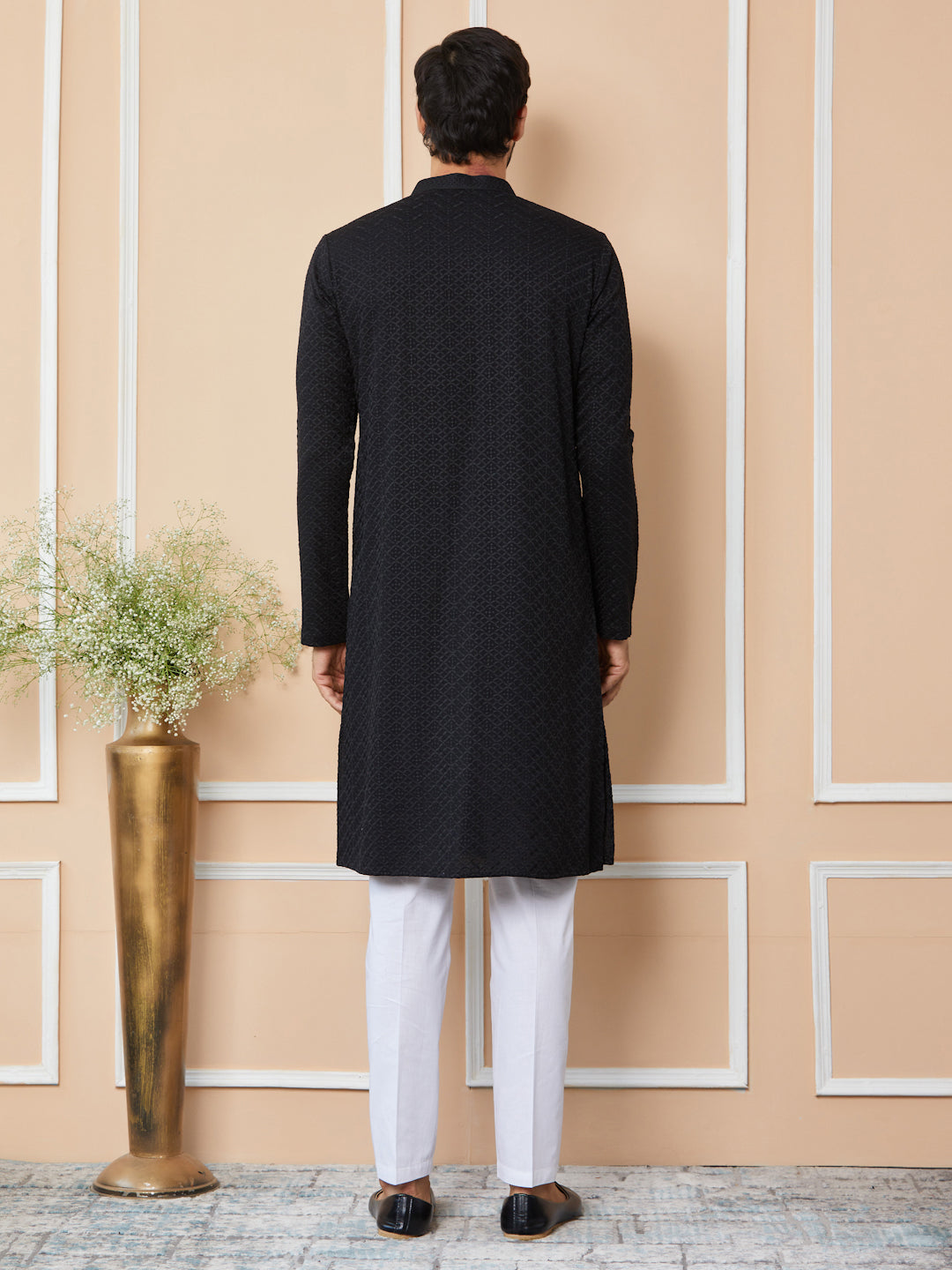 Men Black Embroidered Chikankari Rayon Straight Kurta