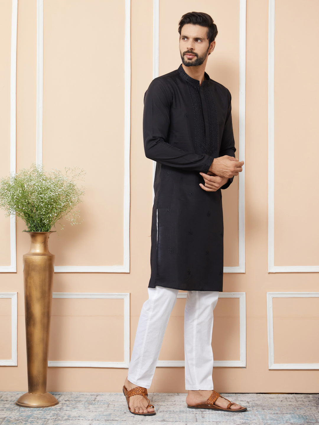 Men Black Embroidered Chanderi Silk Straight Kurta