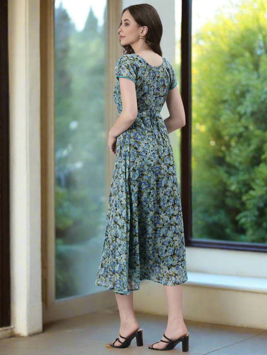 Women Blue Floral Printed Fit & Flare Dress